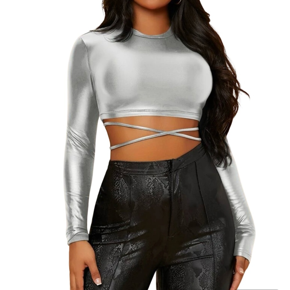 Leather Silver Long Sleeve Crop Top